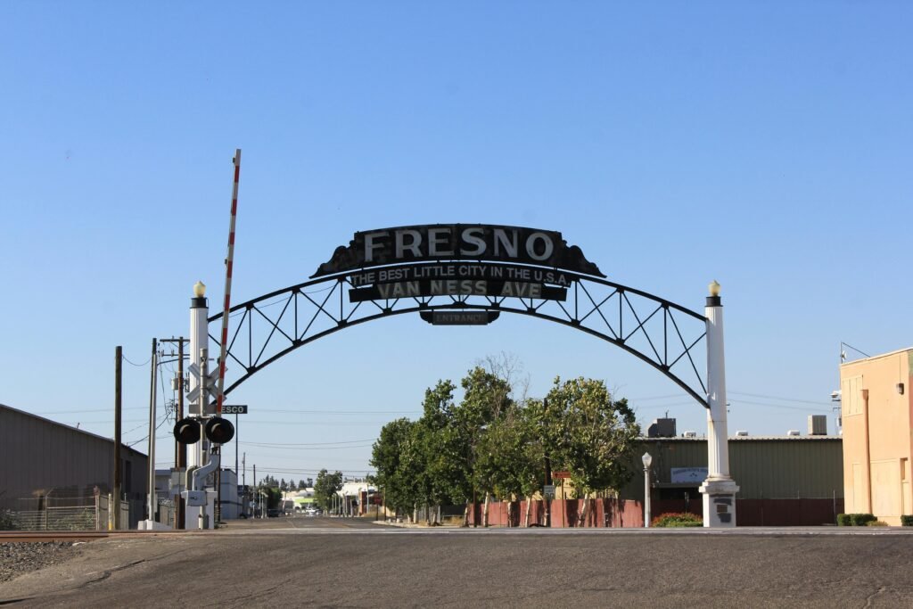 iconic entrance sign to van ness ave in sunny fresno, ca.